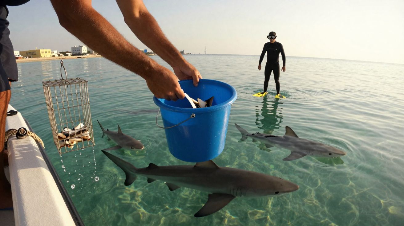 Pessoa alimenta tubarões com pedaços de peixe desde um barco, com mergulhador de pé na água transparente.