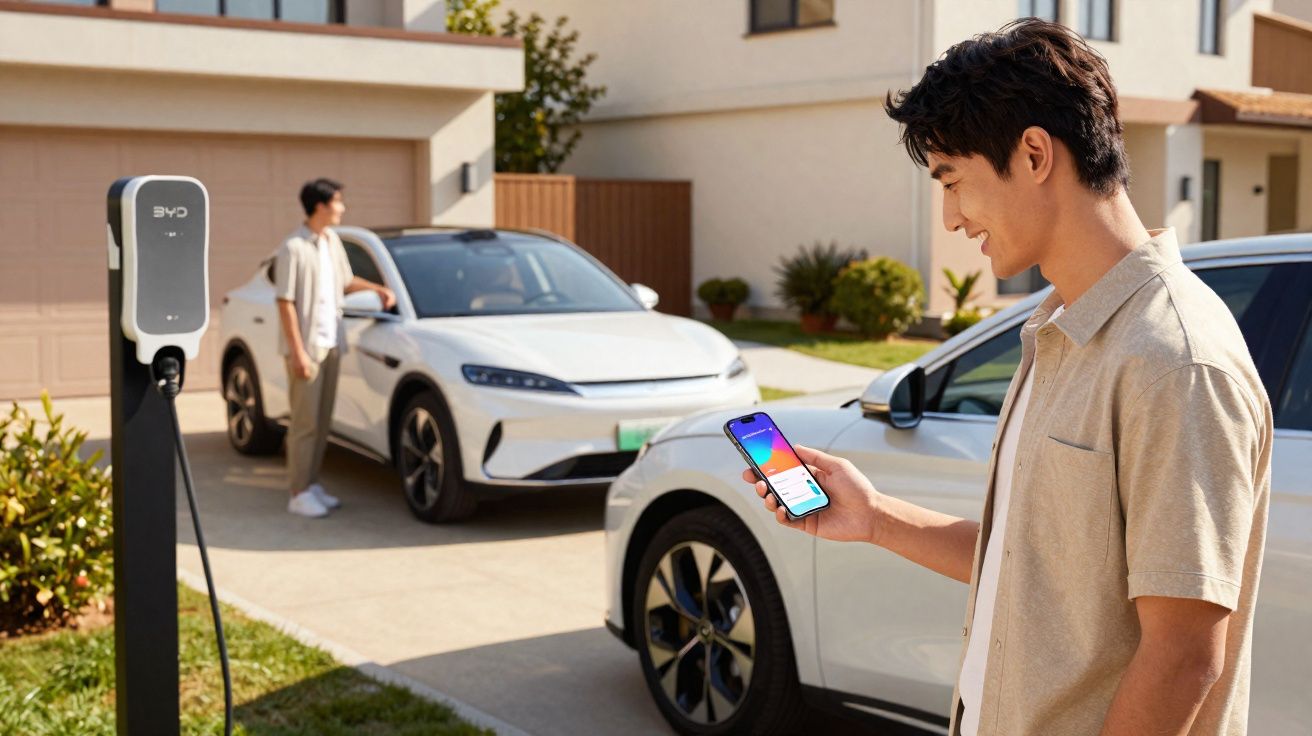 Homem utiliza smartphone junto a estação de carregamento de carro elétrico branco numa garagem residencial.