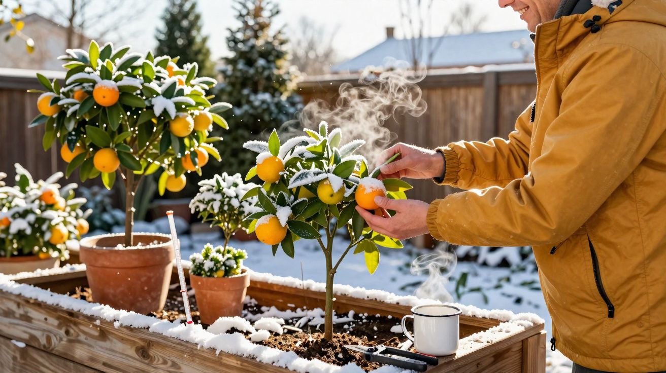 Pessoa a cuidar de laranjeiras em vaso cobertas de neve num jardim com manhã fria e chá a vapor ao lado.