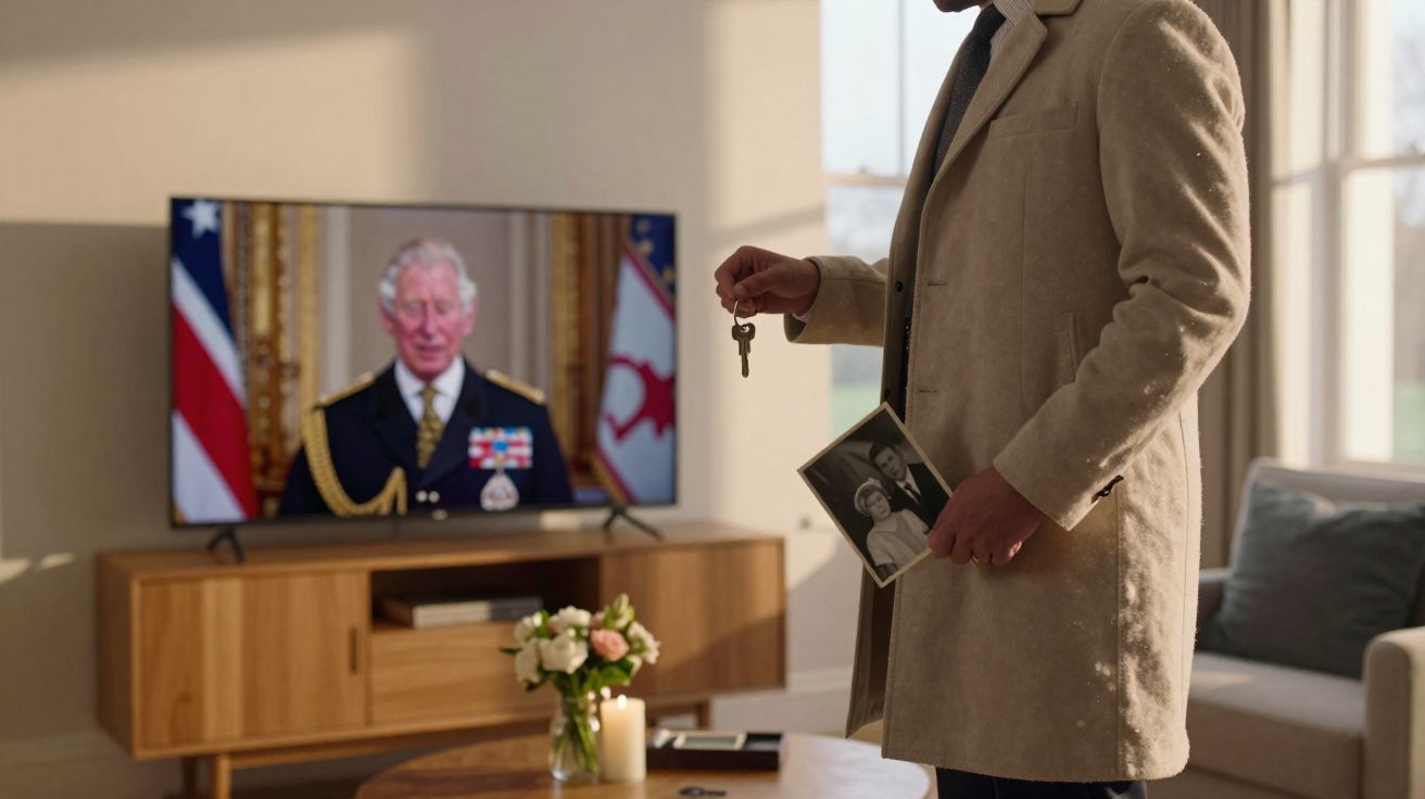 Homem com casaco bege segura chave e foto antiga, diante de televisão com imagem de homem em uniforme militar.