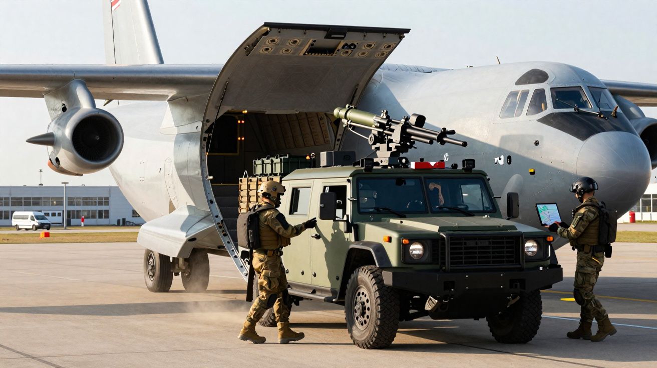 Avião militar descarregando veículo blindado com soldados armados numa pista de aeroporto.