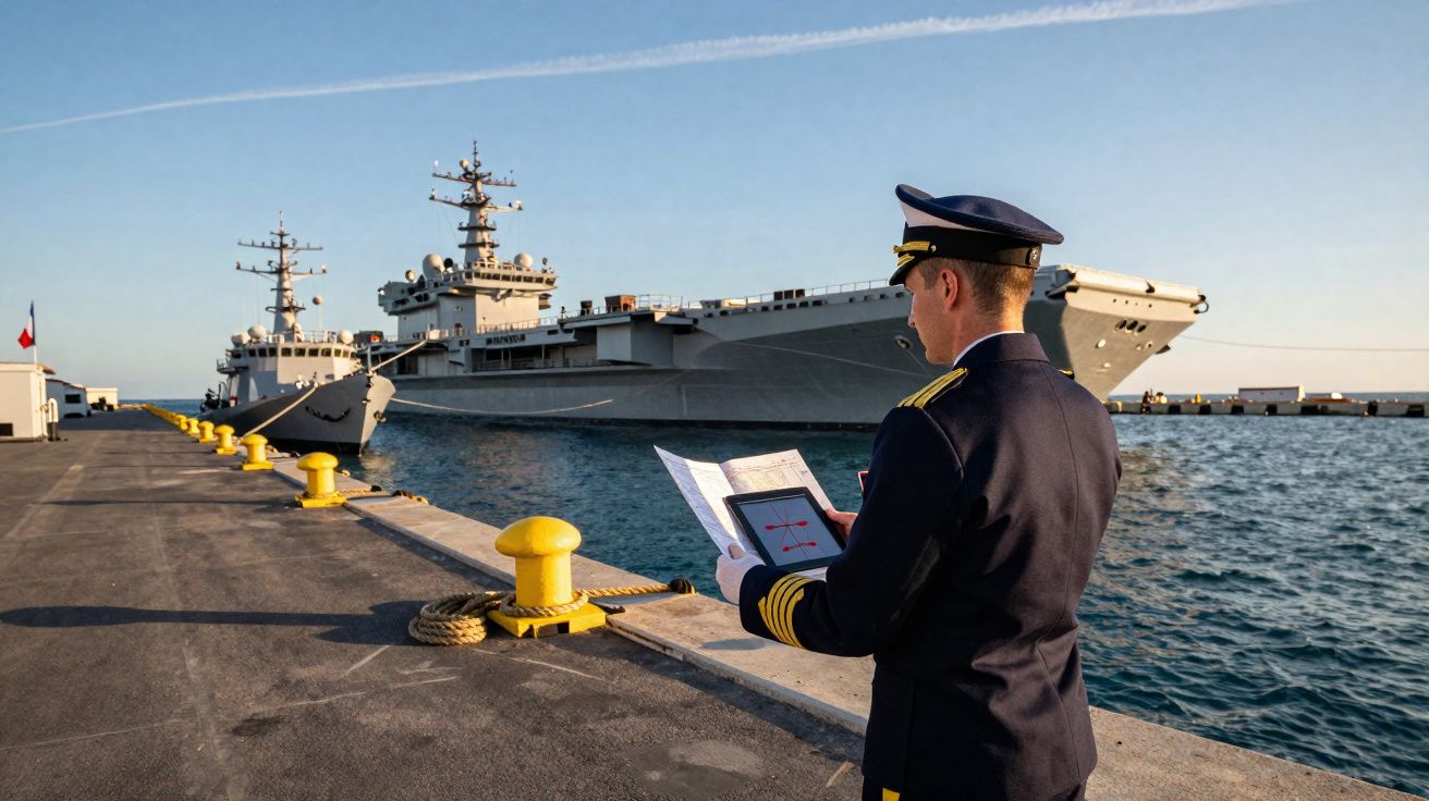 Marinheiro em uniforme com mapas a bordo de doca com dois navios de guerra atracados ao fundo.